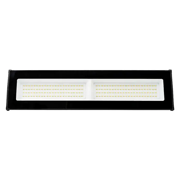 Luxula LED-Strahler LED-Hallenstrahler - 100 W, 10.000 lm, 4.000 K, L x B x H: 513 x 124 x 46 mm, IP65 - Schwarzer rechteckiger LED-Flutlichtstrahler mit zwei weißen Panels gelb-weißer LEDs.