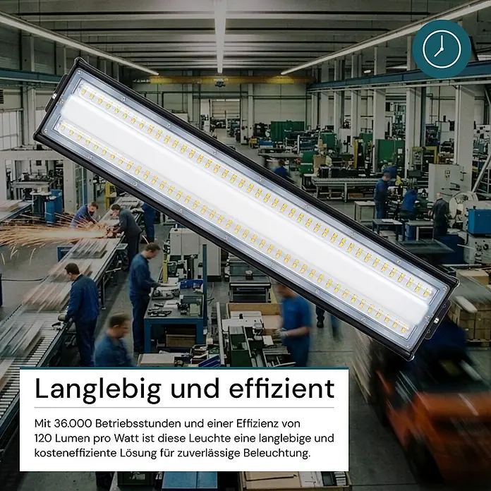 Luxula LED-Strahler LED-Hallenstrahler - 50 W, 6.000 lm, 5.000 K, L x B x H: 285 x 118 x 78 mm, IP65 - Rechteckige LED-Industrieleuchte mit schwarzem Rahmen und gelben LED-Chips, diagonal über einer geschäftigen Fabrikhalle abgebildet.