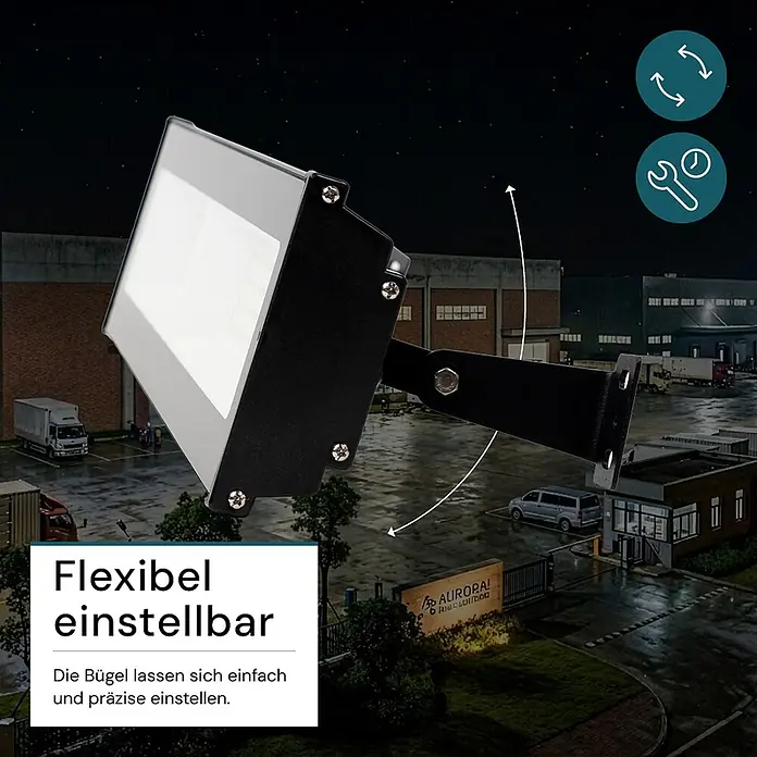 Luxula LED-Strahler LED-Hallenstrahler - 100 W, 10.000 lm, 4.000 K, L x B x H: 513 x 124 x 46 mm, IP65 - Verstellbarer schwarzer LED-Fluter mit hellgrauer Front, montiert auf schwenkbarer Halterung für flexible Beleuchtung im Außenbereich.