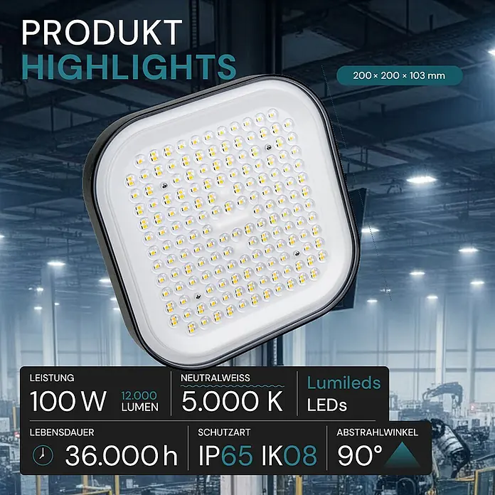 Luxula LED-Strahler LED-Hallenstrahler - 100 W, 12.000 lm, 5.000 K, L x B x H: 200 x 200 x 103 mm, IP65 - Quadratischer LED-Fluter mit weißer Front und schwarzem Rahmen, für Industrieeinsätze, mit 100W Leistung und IP65 IK08 Schutz.