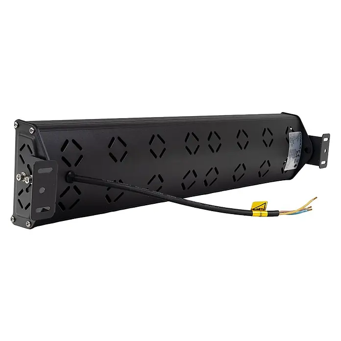 Luxula LED-Strahler LED-Hallenstrahler - 50 W, 6.000 lm, 5.000 K, L x B x H: 285 x 118 x 78 mm, IP65 - Schwarze lineare LED-Leuchte mit Metallgehäuse, sichtbaren Halterungen, Lüftungsschlitzen und einem Anschlusskabel mit blanken Drähten.