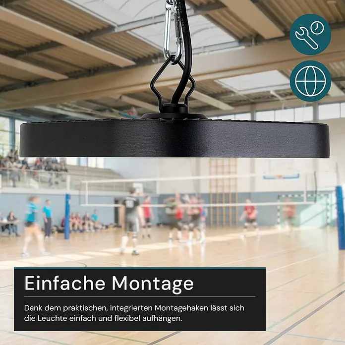 Luxula LED-Strahler LED-Hallenstrahler - 100 W, 12.000 lm, 5.000 K, L x B x H: 200 x 200 x 103 mm, IP65 - Schwarze, runde LED-Hallenleuchte mit integriertem Haken, flexibel in einer Sporthalle aufgehängt.