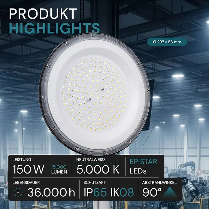Luxula LED-Strahler LED-Hallenstrahler - 150 W, 15.000 lm, 5.000 K, L x B x H: 297 x 297 x 83 mm, IP65 - Runde LED-Hallenleuchte mit weißem Diffusor, zeigt wichtige Spezifikationen wie 150W und IP65 Schutz.