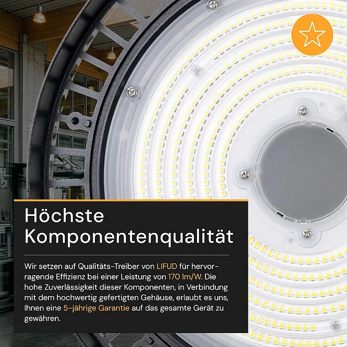 Enovalite LED-Strahler LED-Hallenstrahler - 200 W, 34.000 lm, 5.000 K, IP65 - Nahaufnahme einer runden LED-Industrieleuchte mit hellen LED-Chips und 170 lm/W Effizienz.