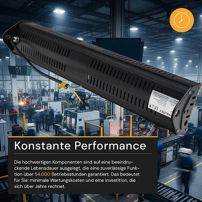 Enovalite LED-Strahler LED-Hallenstrahler - 100 W, 12.000 lm, 5.000 K, IP65 - Robuste schwarze Industrie-LED-Balkenleuchte mit Lüftungsschlitzen, in einer Fabrikumgebung gezeigt, betont Haltbarkeit und Leistung.