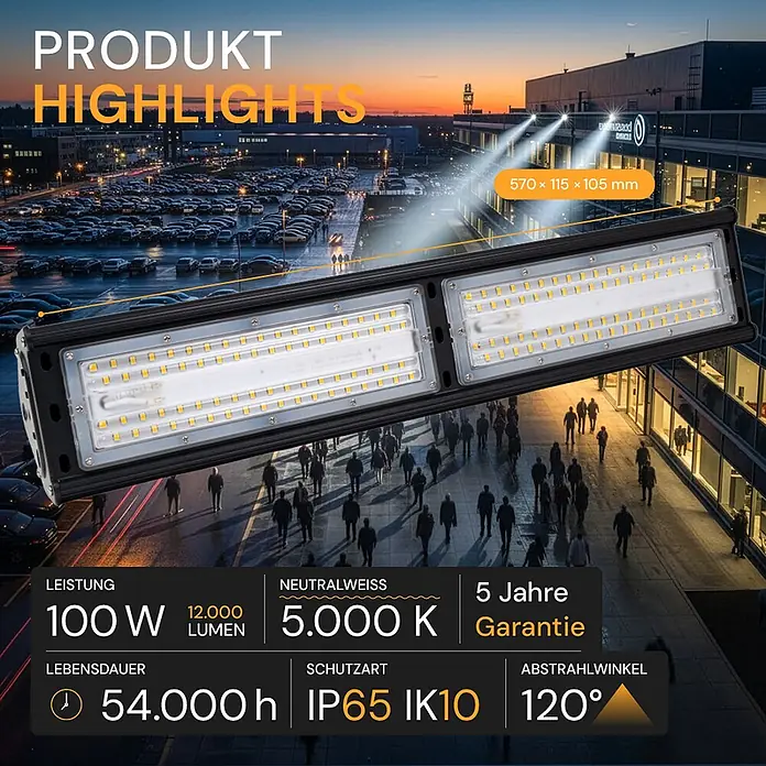 Enovalite LED-Strahler LED-Hallenstrahler - 100 W, 12.000 lm, 5.000 K, IP65 - Schwarzer, rechteckiger LED-Flutlichtstrahler mit zwei beleuchteten Abschnitten, leuchtet eine nächtliche Außenszene aus.