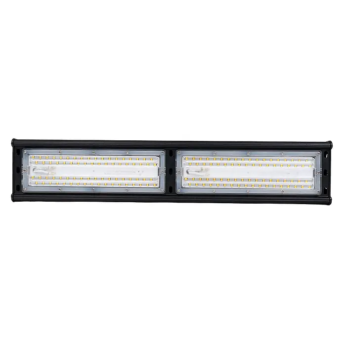 Enovalite LED-Strahler LED-Hallenstrahler - 100 W, 12.000 lm, 5.000 K, IP65 - Robuste schwarze LED-Lichtleiste mit zwei rechteckigen Paneelen, jedes mit mehreren goldenen LEDs und einem zentralen weißen Streifen.