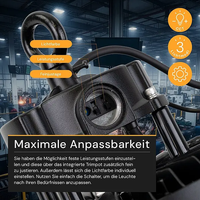 Enovalite LED-Strahler LED-Hallenstrahler - 200 W, 28.000 lm, 4.000 K, IP65 - Schwarzes Metallbauteil mit internen Schaltern zur Einstellung von Lichtfarbe, Leistungsstufen und Feinjustage, in einer Industrieumgebung gezeigt.