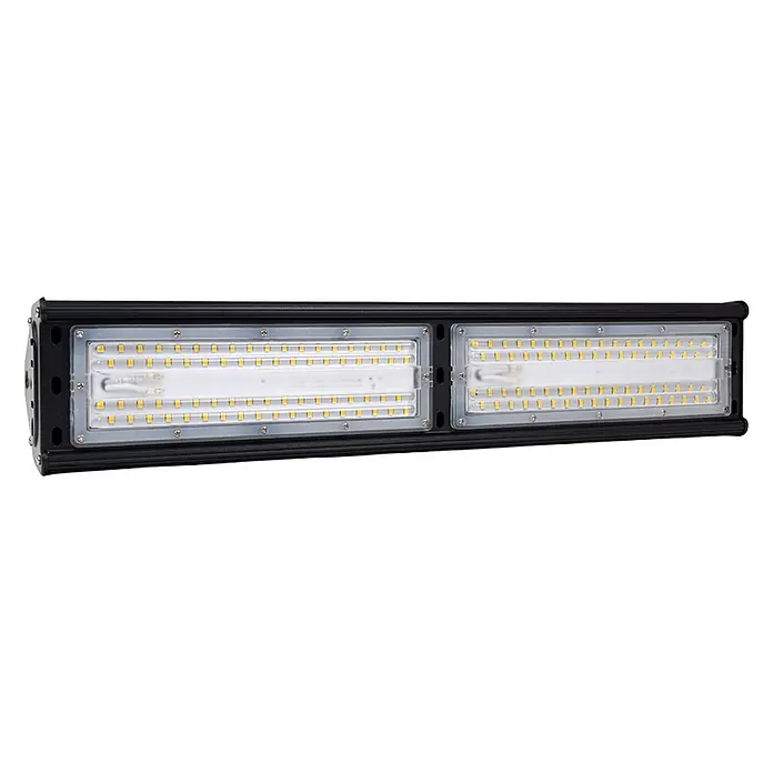 Enovalite LED-Strahler LED-Hallenstrahler - 100 W, 12.000 lm, 5.000 K, IP65 - Schwarze rechteckige LED-Lichtleiste mit klarer Abdeckung und zwei Segmenten gelb getönter LEDs.