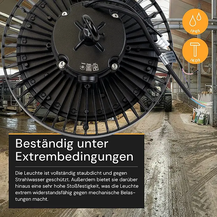 Enovalite LED-Strahler LED-Hallenstrahler - 200 W, 28.000 lm, 4.000 K, IP65 - Schwarze, runde LED-Hallenleuchte mit radialen Kühlrippen, für extreme Bedingungen (IP65, IK09) in landwirtschaftlicher Umgebung.