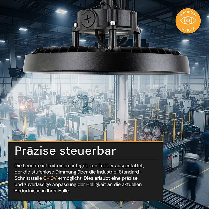 Enovalite LED-Strahler LED-Hallenstrahler - 200 W, 34.000 lm, 4.000 K, IP65 - Schwarze industrielle LED-Hallenleuchte mit geripptem Design, in einer Fabrik aufgehängt, mit 0-10V Dimmfunktion.