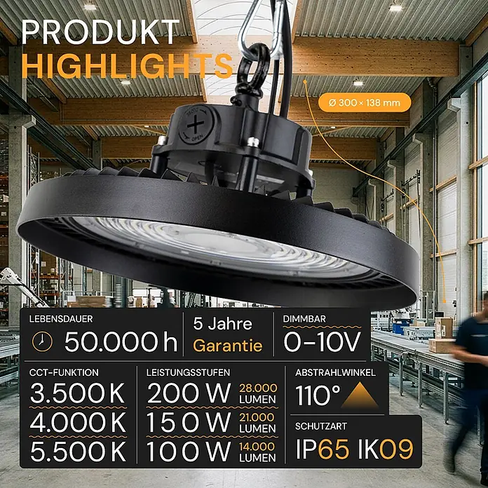 Enovalite LED-Strahler LED-Hallenstrahler - 200 W, 28.000 lm, 4.000 K, IP65 - Schwarze industrielle LED-Hallenleuchte, von der Decke einer Fabrik abgehängt.