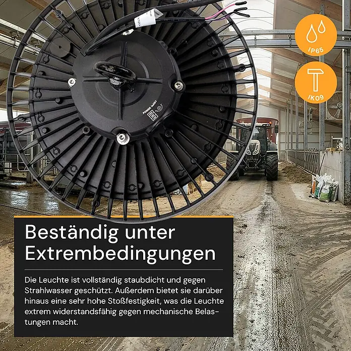 Enovalite LED-Strahler LED-Hallenstrahler - 200 W, 34.000 lm, 4.000 K, IP65 - Schwarze industrielle LED-Leuchte mit Kühlrippen, in einem Stall. Staubdicht, strahlwassergeschützt und extrem stoßfest für raue Umgebungen.