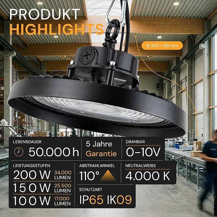 Enovalite LED-Strahler LED-Hallenstrahler - 200 W, 34.000 lm, 4.000 K, IP65 - Schwarze runde LED-Hallenleuchte im Industriedesign, hängend in einer Lagerhalle.