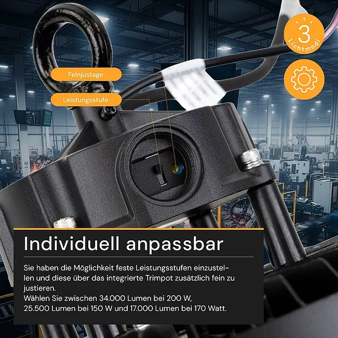 Enovalite LED-Strahler LED-Hallenstrahler - 200 W, 34.000 lm, 4.000 K, IP65 - Schwarze Industrie-Hallenleuchte mit sichtbaren Einstellschaltern für Leistung und Feinjustage.