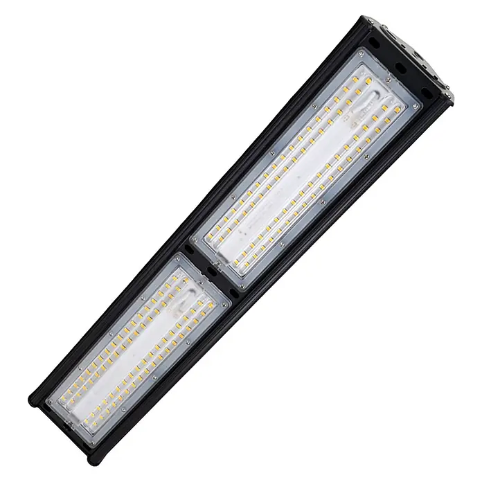 Enovalite LED-Strahler LED-Hallenstrahler - 100 W, 12.000 lm, 5.000 K, IP65 - Schwarze LED-Industrieleuchte mit zwei rechteckigen Lichtpaneelen und sichtbaren gelb-orangen LED-Chips.