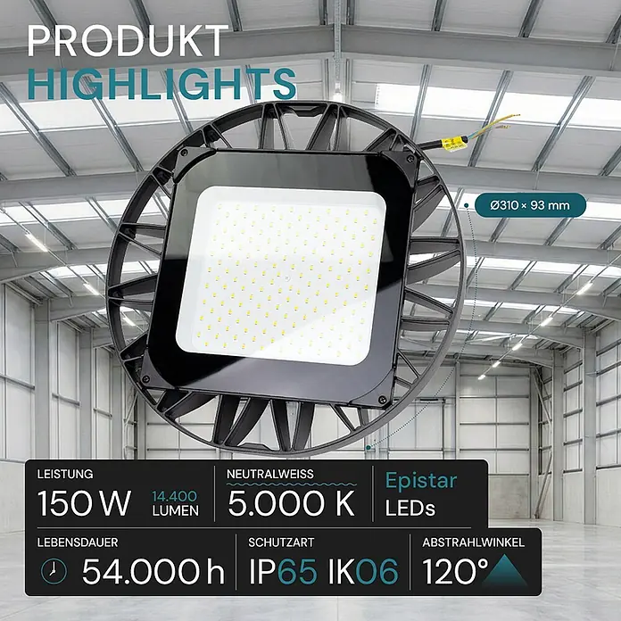 Luxula LED-Strahler LED-Hallenstrahler - 150 W, 14.400 lm, 5.000 K, L x B x H: 310 x 310 x 93 mm, IP65 - Schwarze, quadratische LED-Hallenleuchte vor einer Industriehalle, mit hervorgehobenen Produktmerkmalen.