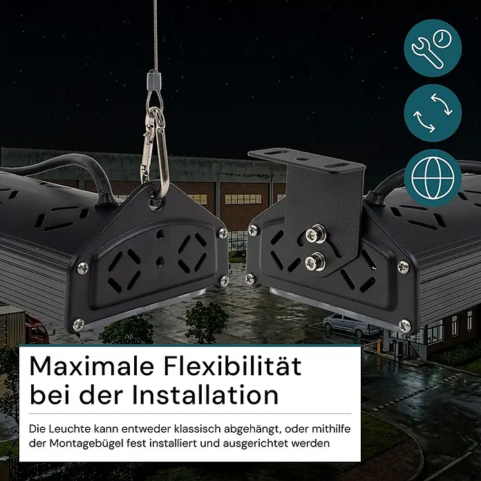 Luxula LED-Strahler LED-Hallenstrahler - 200 W, 24.000 lm, 5.000 K, L x B x H: 1.076 x 118 x 78 mm, IP65 - Schwarze Industrieleuchte, flexibel mit Seil oder Montagebügel montierbar, in der Nacht.