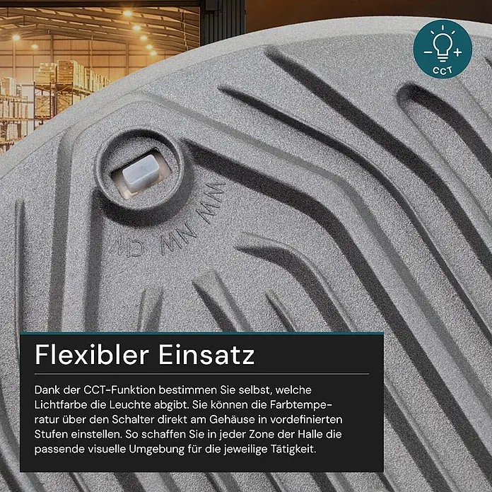 Luxula LED-Strahler LED-Hallenstrahler - 150 W, 15.000 lm, 4.000 K, L x B x H: 235 x 235 x 68 mm, IP65 - Graues, strukturiertes Leuchtengehäuse mit CCT-Schalter zur Einstellung der Lichtfarbtemperatur.