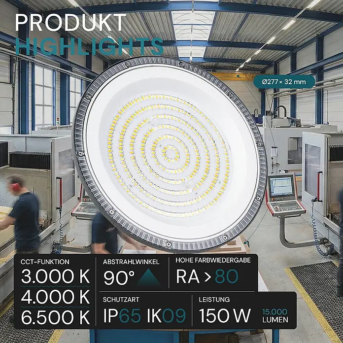 Luxula LED-Strahler LED-Hallenstrahler - 150 W, 15.000 lm, 4.000 K, L x B x H: 235 x 235 x 68 mm, IP65 - Große runde LED-Hallenleuchte mit silbernem Gehäuse und konzentrischer LED-Anordnung in Industrieumgebung.