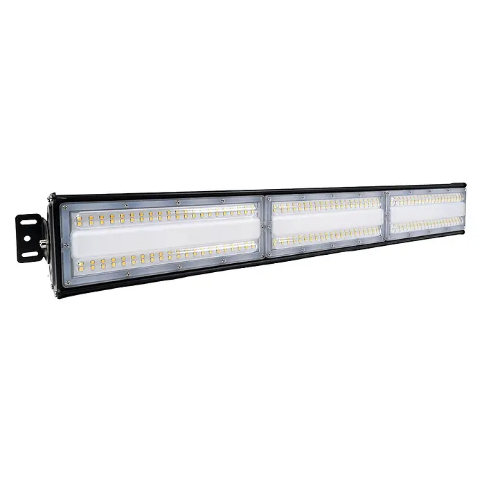 Luxula LED-Strahler LED-Hallenstrahler - 200 W, 24.000 lm, 5.000 K, L x B x H: 1.076 x 118 x 78 mm, IP65 - Industrielle LED-Lichtleiste mit schwarzem Gehäuse, mehreren LED-Modulen und Montagehalterung links.