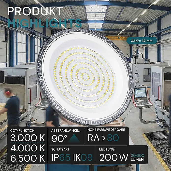 Luxula LED-Strahler LED-Hallenstrahler - 200 W, 20.000 lm, 4.000 K, L x B x H: 235 x 235 x 68 mm, IP65 - Rundes LED-Industriehallenlicht mit sichtbaren Chips, in einer Fabrikumgebung.