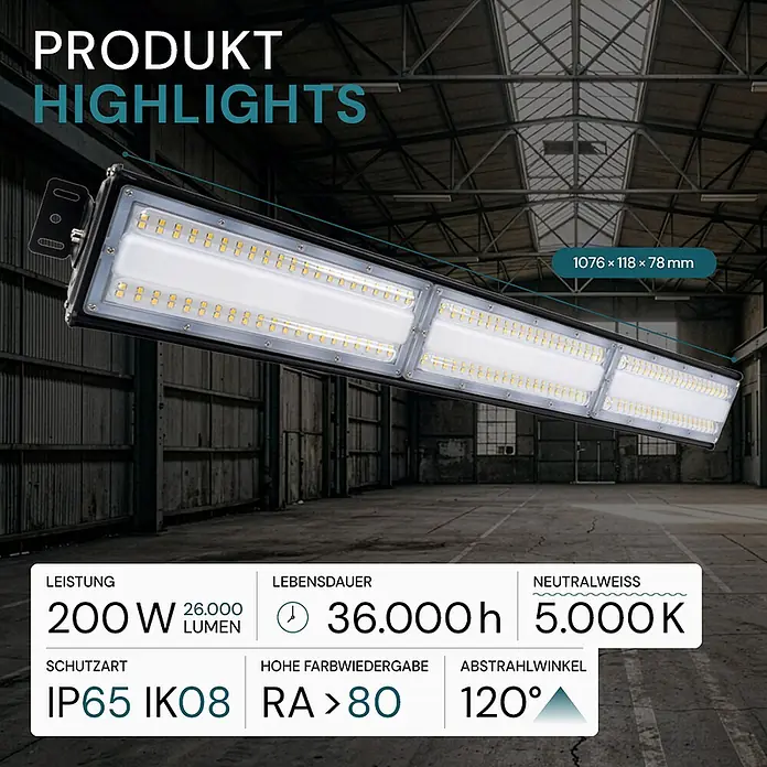 Luxula LED-Strahler LED-Hallenstrahler - 200 W, 24.000 lm, 5.000 K, L x B x H: 1.076 x 118 x 78 mm, IP65 - Lange, rechteckige LED-Industrieleuchte mit schwarzem Rahmen und hellweißen LED-Modulen, in einer Lagerhalle gezeigt.