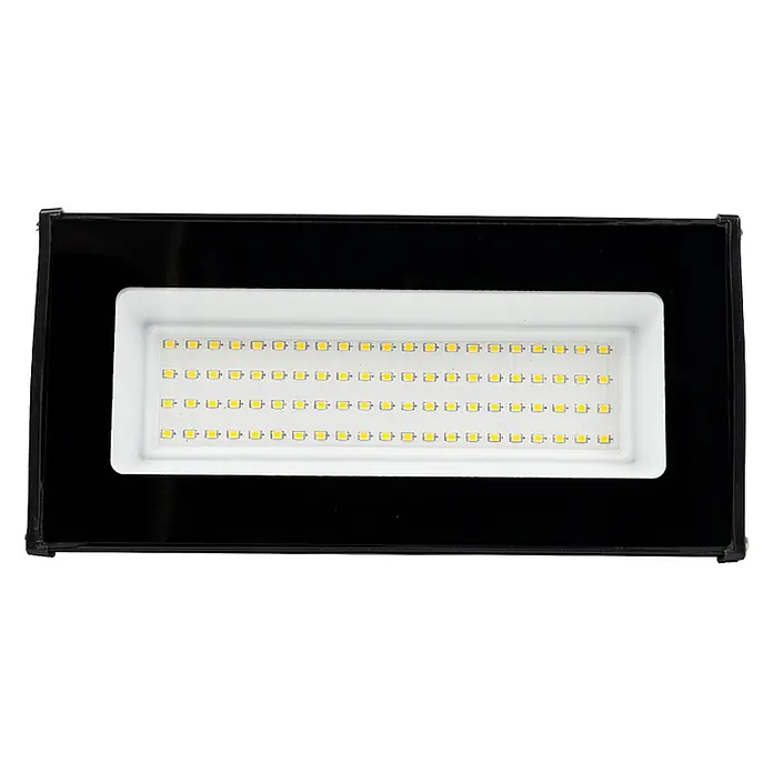 Luxula LED-Strahler LED-Hallenstrahler - 50 W, 5.000 lm, 4.000 K, L x B x H: 263 x 124 x 46 mm, IP65 - Rechteckiger schwarzer LED-Flutlichtstrahler mit weißem Reflektor und mehreren gelben LED-Chips.
