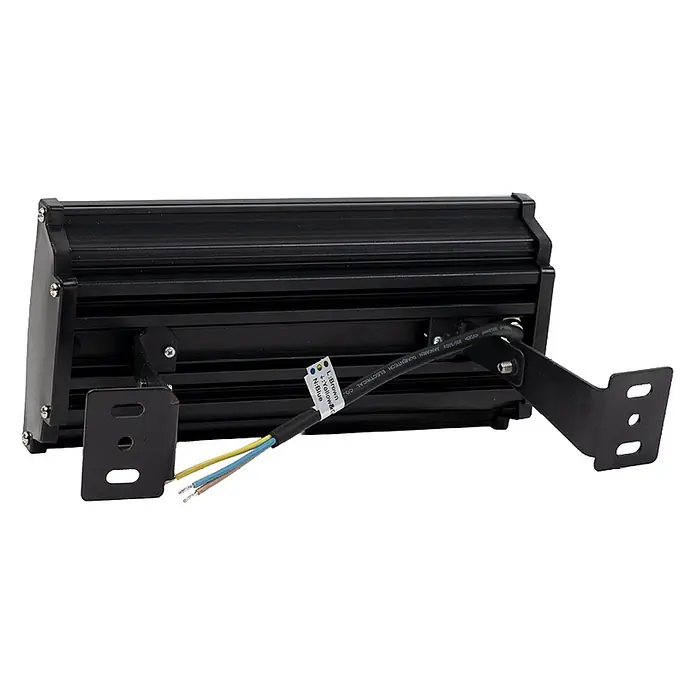 Luxula LED-Strahler LED-Hallenstrahler - 50 W, 5.000 lm, 4.000 K, L x B x H: 263 x 124 x 46 mm, IP65 - Rückansicht eines schwarzen LED-Flutlichts aus Metall mit geripptem Kühlkörper, Montagehalterungen und beschriftetem Stromkabel.