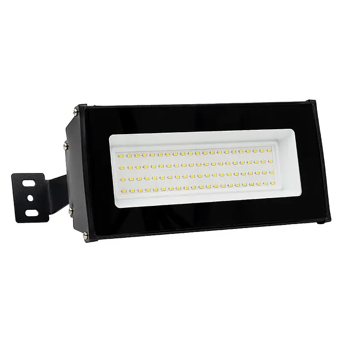 Luxula LED-Strahler LED-Hallenstrahler - 50 W, 5.000 lm, 4.000 K, L x B x H: 263 x 124 x 46 mm, IP65 - Schwarzer rechteckiger LED-Fluter mit gelben LEDs und Befestigungswinkel.