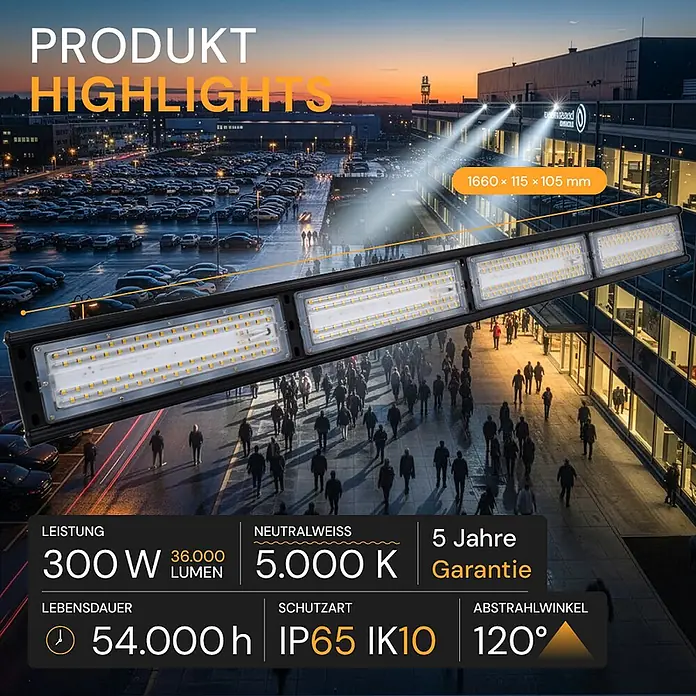 Enovalite LED-Strahler LED-Hallenstrahler - 300 W, 36.000 lm, 5.000 K, IP65 - Schwarzer LED-Fluter mit mehreren Paneelen, beleuchtet großen Parkplatz und Gebäude bei Nacht.