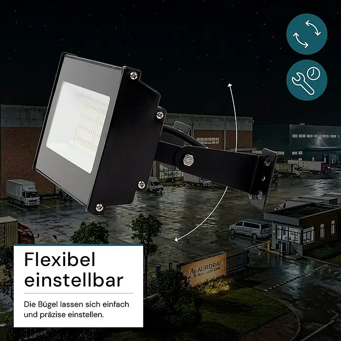 Luxula LED-Strahler LED-Hallenstrahler - 50 W, 5.000 lm, 4.000 K, L x B x H: 263 x 124 x 46 mm, IP65 - Schwarzer LED-Flutlichtstrahler mit verstellbarem Bügel, der seine flexible Positionierung für den Außeneinsatz hervorhebt.