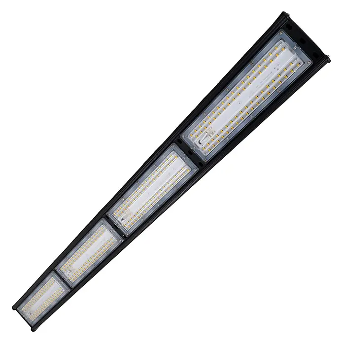 Enovalite LED-Strahler LED-Hallenstrahler - 300 W, 36.000 lm, 5.000 K, IP65 - Schwarze modulare LED-Leuchte mit mehreren rechteckigen Abschnitten gelber/weißer LED-Chips.