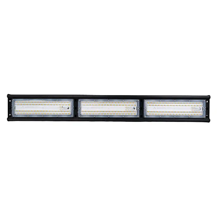 Enovalite LED-Strahler LED-Hallenstrahler - 150 W, 18.000 lm, 5.000 K, IP65 - Schwarze, linear LED-Leuchte mit drei einzelnen klaren Modulen, gefüllt mit Reihen gelb-goldener LEDs.