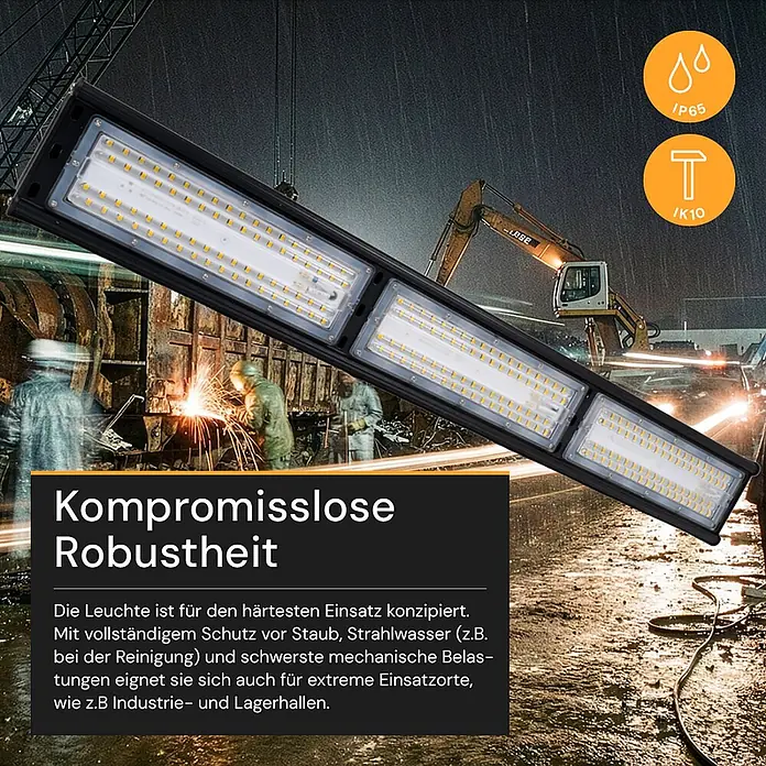 Enovalite LED-Strahler LED-Hallenstrahler - 150 W, 18.000 lm, 5.000 K, IP65 - Lange schwarze LED-Industrieleuchte in rauer Umgebung, mit IP65- und IK10-Schutzklasse.