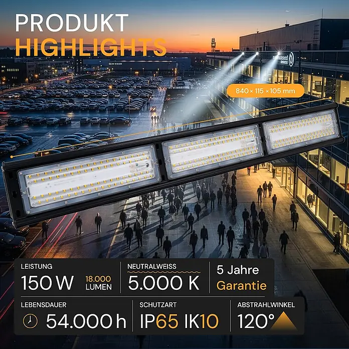Enovalite LED-Strahler LED-Hallenstrahler - 150 W, 18.000 lm, 5.000 K, IP65 - Schwarzer, rechteckiger LED-Flutstrahler, der einen Außenbereich beleuchtet, mit Produktspezifikationen und Abmessungen.