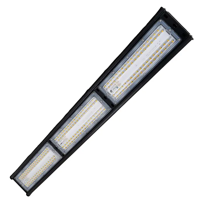 Enovalite LED-Strahler LED-Hallenstrahler - 150 W, 18.000 lm, 5.000 K, IP65 - Lange schwarze LED-Leuchte mit mehreren hellen weißen und bernsteinfarbenen Modulen.