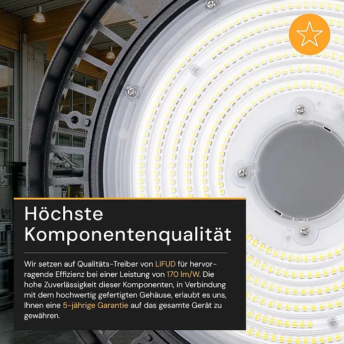 Enovalite LED-Strahler LED-Hallenstrahler - 100 W, 17.000 lm, 5.000 K, IP65 - Nahaufnahme einer runden LED-Hallenleuchte mit hellweißen LEDs und schwarzem Rahmen, betont hohe Komponentenqualität und Effizienz.