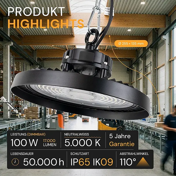Enovalite LED-Strahler LED-Hallenstrahler - 100 W, 17.000 lm, 5.000 K, IP65 - Schwarzer, runder Industrie-LED-Hallenstrahler mit hellen LEDs, in einem modernen Lager hängend.