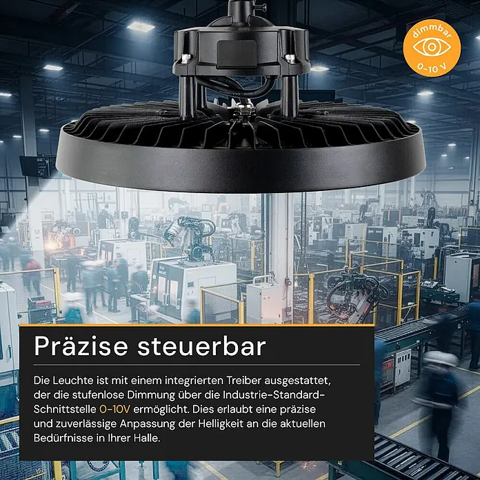 Enovalite LED-Strahler LED-Hallenstrahler - 100 W, 17.000 lm, 5.000 K, IP65 - Schwarze, dimmbare LED-Hallenleuchte im Industriebetrieb. Präzise über 0-10V steuerbar für die Helligkeitsanpassung.