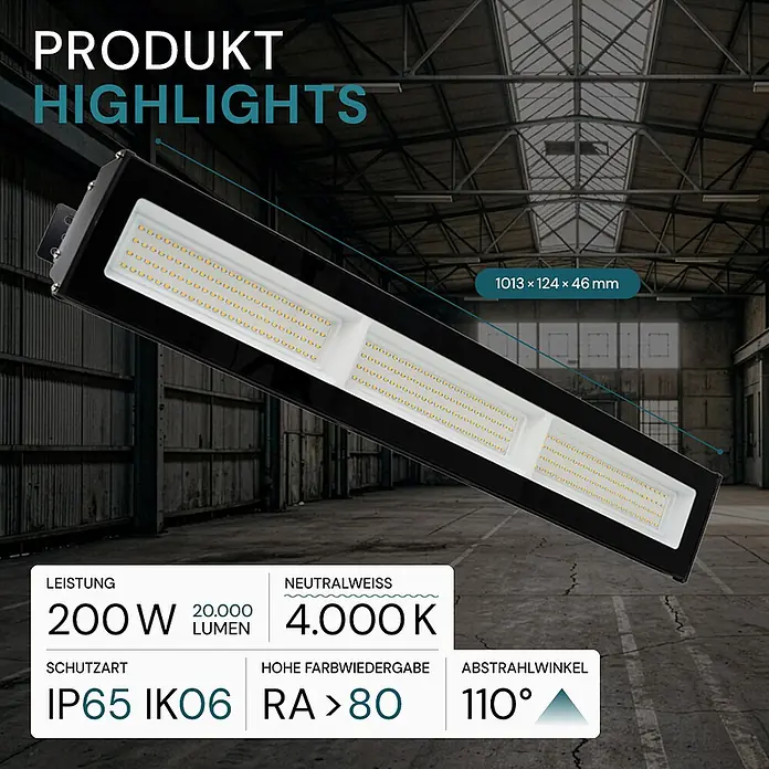 Luxula LED-Strahler LED-Hallenstrahler - 200 W, 20.000 lm, 4.000 K, L x B x H: 1.013 x 124 x 46 mm, IP65 - Lange schwarze LED-Industrieleuchte mit Maßen und technischen Spezifikationen in einer Lagerhalle.