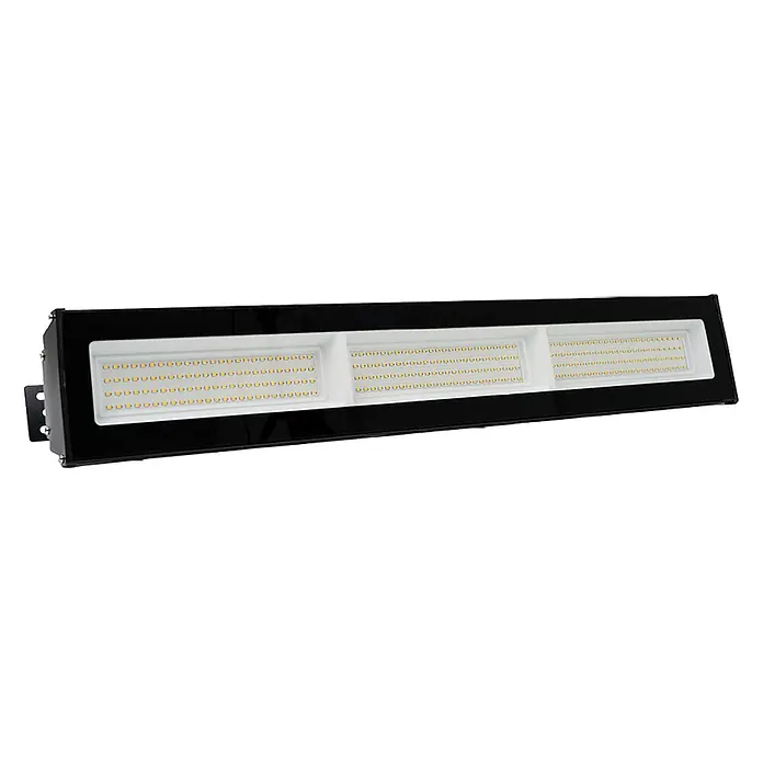 Luxula LED-Strahler LED-Hallenstrahler - 200 W, 20.000 lm, 4.000 K, L x B x H: 1.013 x 124 x 46 mm, IP65 - Rechteckiger schwarzer LED-Flutlichtstrahler mit drei Paneelen individueller LEDs und Montagehalterung.