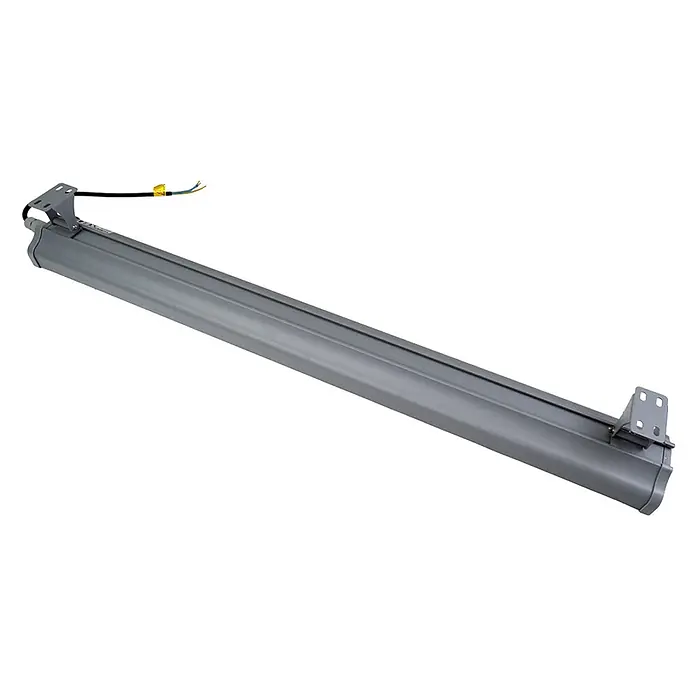 Luxula LED-Strahler LED-Hallenstrahler - 150 W, 18.700 lm, 5.000 K, L x B x H: 922 x 95 x 53 mm, IP65 - Grauer Linearmotor mit Halterungen und elektrischen Kabeln.
