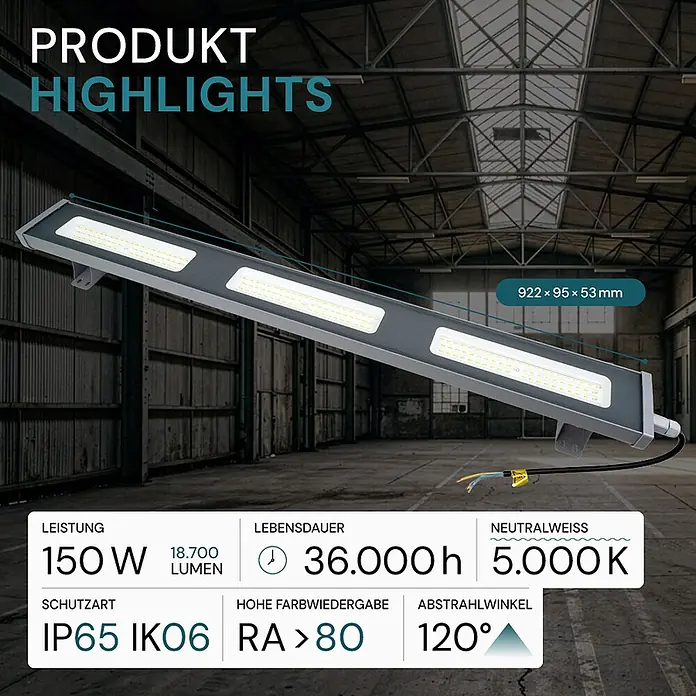 Luxula LED-Strahler LED-Hallenstrahler - 150 W, 18.700 lm, 5.000 K, L x B x H: 922 x 95 x 53 mm, IP65 - Graue industrielle LED-Linearleuchte, 922x95x53mm, 150W, IP65, mit mehreren LED-Feldern.