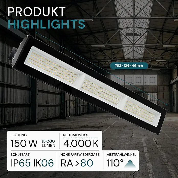 Luxula LED-Strahler LED-Hallenstrahler - 150 W, 15.000 lm, 4.000 K, L x B x H: 763 x 124 x 46 mm, IP65 - Schwarze rechteckige LED-Industrieleuchte. 150W, 15.000 lm, 4000K, IP65.