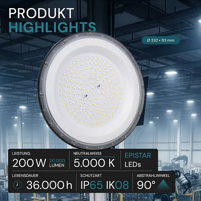 Luxula LED-Strahler LED-Hallenstrahler - 200 W, 20.000 lm, 5.000 K, L x B x H: 332 x 332 x 83 mm, IP65 - Rundes LED-Hallenstrahler mit grauer Umrandung und sichtbaren LED-Chips, in einer Industriehalle.