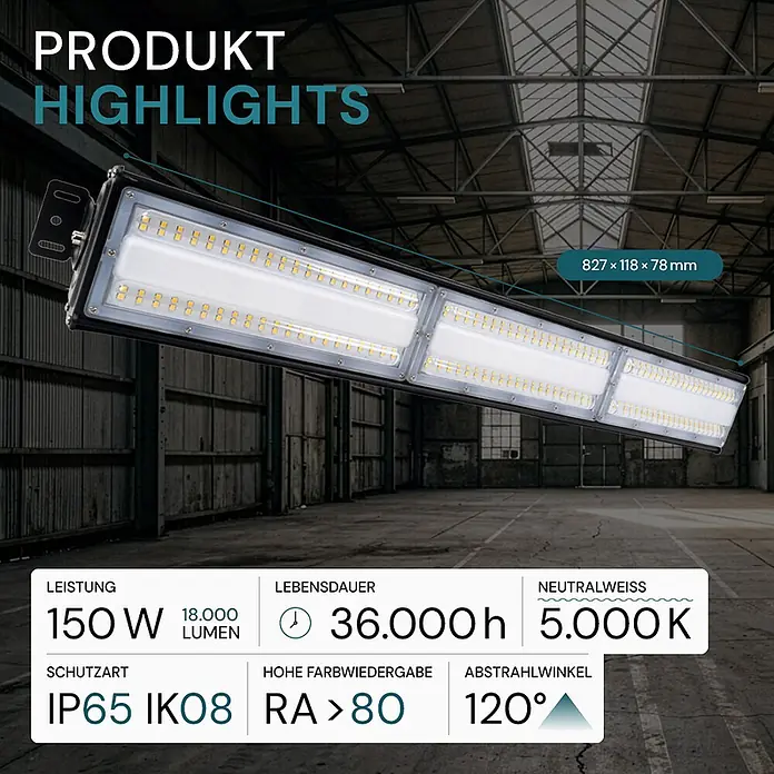 Luxula LED-Strahler LED-Hallenstrahler - 150 W, 18.000 lm, 5.000 K, IP65 - Lange rechteckige Industrie-LED-Leuchte, schwarz mit transparenten Paneelen, in einer leeren Lagerhalle aufgehängt.