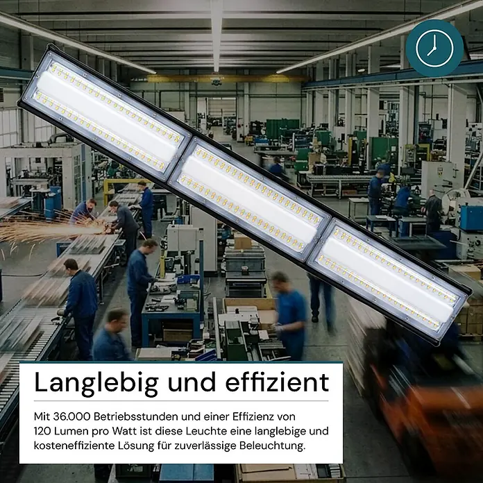Luxula LED-Strahler LED-Hallenstrahler - 150 W, 18.000 lm, 5.000 K, IP65 - Lange schwarze Industrie-LED-Leuchte mit hellweißen Paneelen, entworfen für effiziente und zuverlässige Beleuchtung in Fabrikumgebungen.