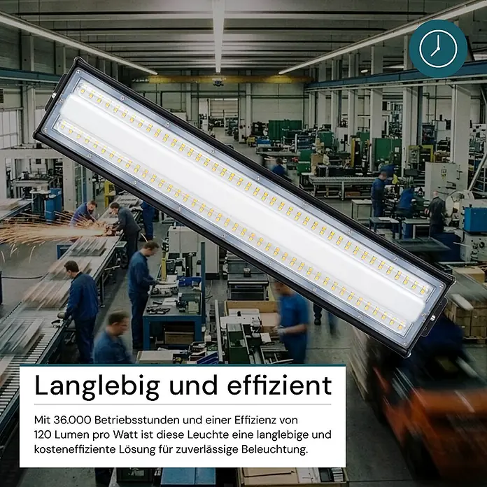 Luxula LED-Strahler LED-Hallenstrahler - 100 W, 12.000 lm, 5.000 K, L x B x H: 545 x 118 x 78 mm, IP65 - Lange, schwarze, rechteckige LED-Industrieleuchte über einem Fabrikarbeitsplatz.
