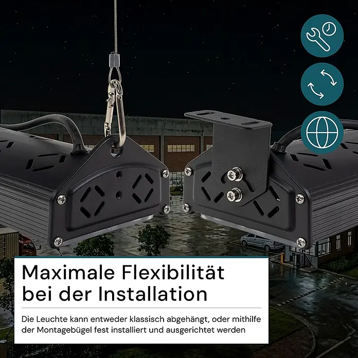 Luxula LED-Strahler LED-Hallenstrahler - 100 W, 12.000 lm, 5.000 K, L x B x H: 545 x 118 x 78 mm, IP65 - Zwei schwarze Industrie-LED-Leuchten, eine hängend, eine mit Montagebügel. Flexible Installationsmöglichkeiten.